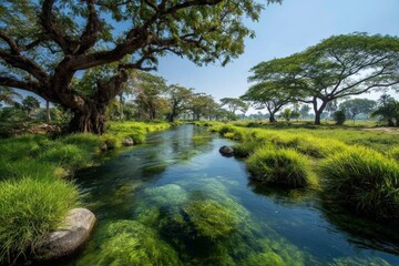 Aufkleber - Lush green riverbank under bright blue sky with vibrant trees and clear water reflecting nature's beauty in a tropical landscape