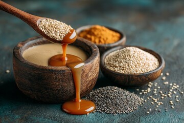 Aufkleber - Delicious tahini dripping from a wooden spoon beside bowls of sesame seeds and spices in a rustic setting