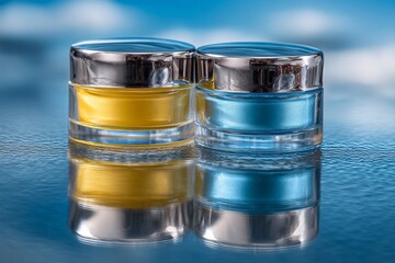 Aufkleber - Bright colors of yellow and blue cream jars reflect on a glossy surface under a blue sky