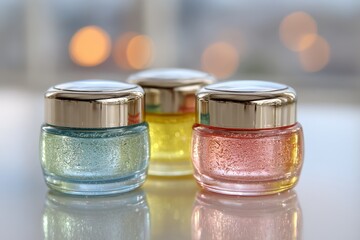 Aufkleber - Colorful gel jars displayed on a reflective surface with soft bokeh lights in the background at sunset