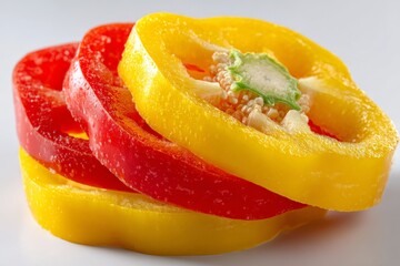 Poster - Colorful slices of bell peppers arranged artfully on a white background for culinary use in various dishes