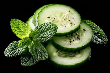 Aufkleber - Fresh cucumber slices with mint leaves arranged on a dark surface showcasing vibrant colors and textures