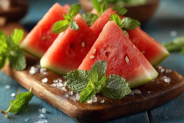 Aufkleber - Freshly sliced watermelon on a wooden board with mint leaves and salt for a refreshing summer treat