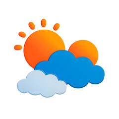Fototapete - Bright and simple graphic depicting a sun and two stylized clouds in a clear blue sky using a minimalist flat design with bold orange and sky blue colors