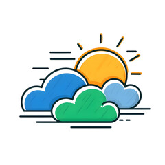 Aufkleber - Vibrant minimalist weather icons showcasing a partially visible sun peeking through a backdrop of green and blue clouds against a clean white background