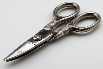 Poster - Sharp metal scissors resting on a white background, showcasing intricate design and functionality for various cutting tasks