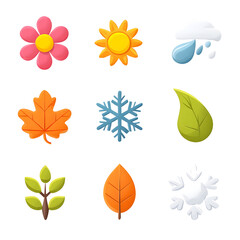 Aufkleber - A collection of stylized flat icons representing different seasonal weather elements including a blooming flower sun icy snowflake and falling leaf all with a minimal shadow effect