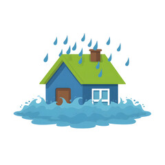 Poster - A simple flat design of a house being flooded by heavy rainfall and rising water levels during a storm