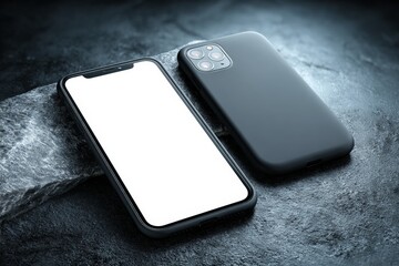 Poster - Modern smartphone resting on a dark stone surface with a blank screen, showcasing sleek design and minimalistic style