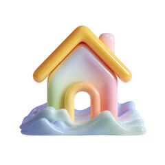 Aufkleber - Bright glossy 3D depicting a pastel colored house icon submerged in rising floodwaters under a stormy sky symbolizing the vulnerability of homes during natural disasters