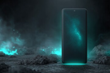 Aufkleber - Smartphone glowing in cosmic atmosphere with ethereal mist and rocky terrain at night