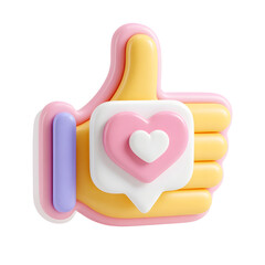 Leinwandbilder - Vibrant pastel colored 3D icon depicting a hand making a positive thumbs up gesture with a heart shaped message set against a clean white background