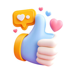 Aufkleber - A vibrant 3D rendering of a pastel colored hand gesturing a thumbs up with a floating heart shaped speech bubble against a soft white background