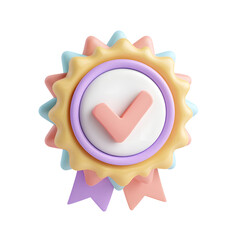 Poster - A vibrant pastel colored 3D graphic design showcasing a certified symbol with a prominent checkmark shape enclosed within a starburst like graphic element