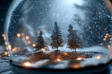 Poster - Snow globe featuring miniature evergreen trees surrounded by sparkling snow and warm lights creating a cozy winter atmosphere