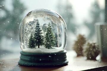 Poster - Snow globe depicting miniature trees and snowy landscape on a winter day with soft light filtering through