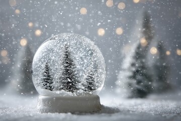 Poster - Snow globe depicting evergreen trees with a winter wonderland background and gentle snowfall