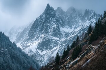 Poster - Majestic snow-capped mountains rise under cloudy skies in a serene winter landscape during early morning hours