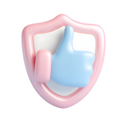 Poster - Soft pastel colored 3D thumbs up icon floating in front of a calming shield shaped background symbolizing approval safety and positive endorsement