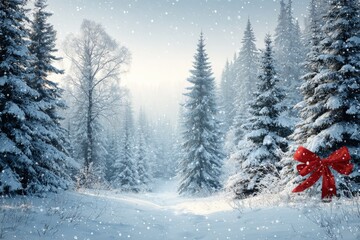 Poster - Winter forest covered in snow with snowflakes and a decorative red bow highlighting the beauty of the season