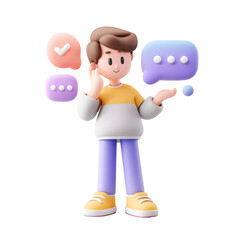 Fototapete - Friendly 3D character in pastel colors listening attentively with a floating bubble displaying a confirmation symbol creating a positive and engaging virtual interaction