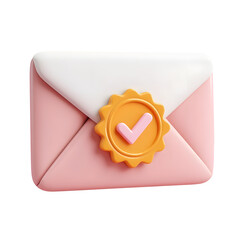 Fototapete - A clean smooth 3D rendering of a pastel pink envelope with a yellow circular approval badge in the center representing validation confirmation or acceptance