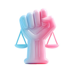 Fototapete - A minimalist 3D depicting a raised fist in soft pastel pink and blue tones balanced by scales of justice on a clean white background symbolizing and civil rights advocacy