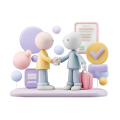 Aufkleber - Colorful pastel toned 3D depicting a handshake between two stylized figures symbolizing a successful business deal or partnership with a verified check mark symbol nearby