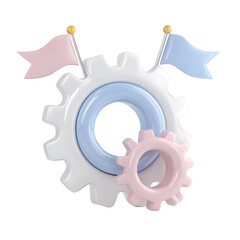 Poster - A minimalistic pastel colored 3D gear symbol with two small flags attached against a clean white background representing innovation technology and progress