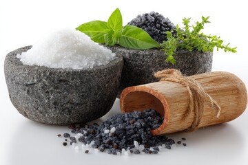 Poster - Natural sea salts in stone bowls with fresh herbs arranged on a white background for culinary presentation