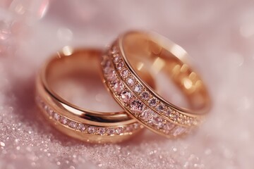 Poster - Exquisite gold wedding rings adorned with sparkling gemstones resting on soft fabric