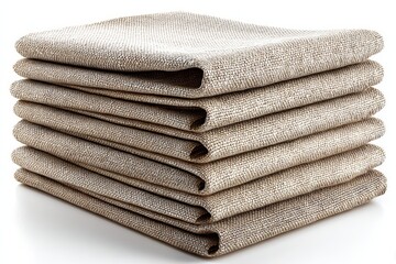 Aufkleber - Neatly stacked natural fabric linens on a white surface in a well-lit interior setting