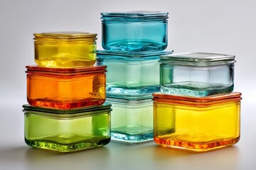 Poster - Colorful glass storage jars arranged in a creative display with varying hues of orange, yellow, green, and blue against a white background