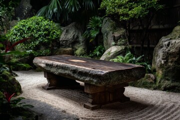 Poster - Stone table surrounded by lush greenery in a serene garden setting during the day