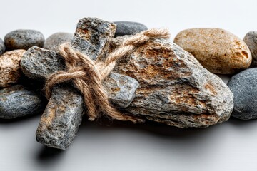 Poster - Unique arrangement of stones tied with twine on a smooth surface showcases natural textures and colors