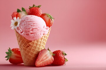 Poster - Delicious strawberry ice cream served in a waffle cone with fresh strawberries and a flower on a pink background