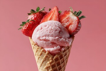 Poster - Delicious strawberry ice cream cone topped with fresh strawberries against a pink background