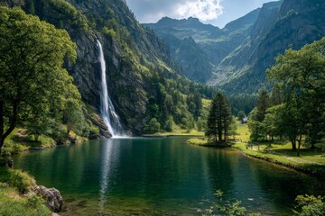 Aufkleber - Majestic waterfall cascading into a serene lake surrounded by lush mountains on a sunny day in the countryside