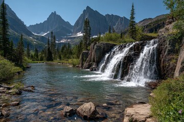 Poster - Majestic waterfall cascading into serene river surrounded by towering mountains on a clear sunny day