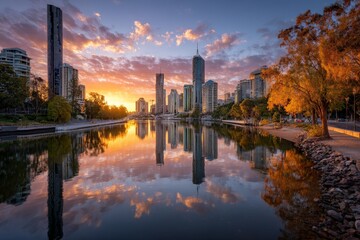 Poster - Sunset reflects on the calm waters of a river surrounded by city skyscrapers in Brisbane