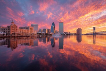 Poster - Vibrant sunset reflects over the river against Jacksonville's skyline with colorful clouds