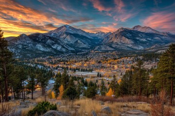 Poster - Majestic mountain landscape at sunrise with colorful sky over valley and town in Colorado