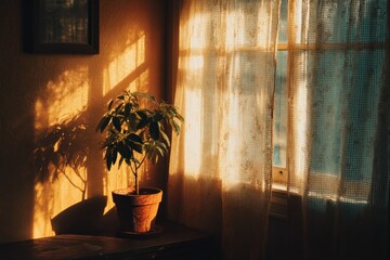 Poster - Sunlight casts beautiful shadows of a potted plant near a window in a cozy indoor space during the golden hour
