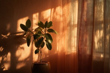 Poster - Soft sunlight illuminates a potted plant beside sheer curtains in a cozy indoor space during the afternoon