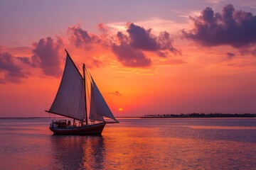 Poster - Sailing into the sunset on calm waters with vibrant clouds reflecting the colors of twilight
