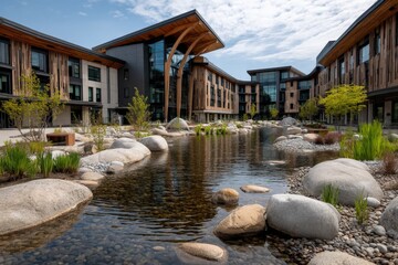 Poster - Modern architecture blends with nature in a serene courtyard featuring a reflecting pond and landscaped stones