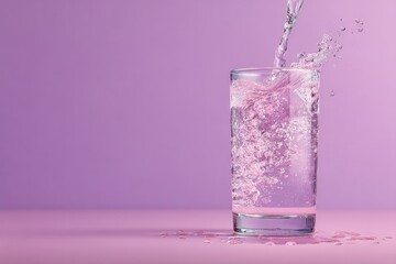 Aufkleber - Water splashing into a glass against a soft purple background creates a vibrant and refreshing visual experience