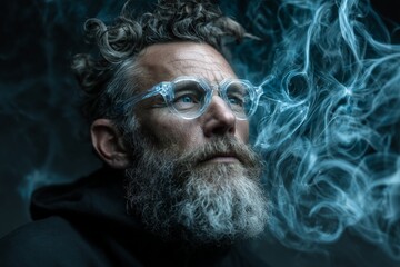 Poster - Expressive portrait of a man with curly hair and glasses surrounded by swirling smoke in a dimly lit atmosphere