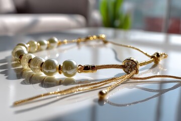 Poster - Elegant jewelry piece displayed on a polished surface near sunlight in a modern setting