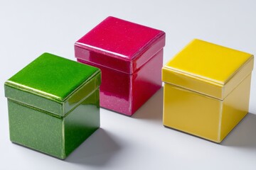 Poster - Colorful square boxes in vibrant green, pink, and yellow arranged on a light background